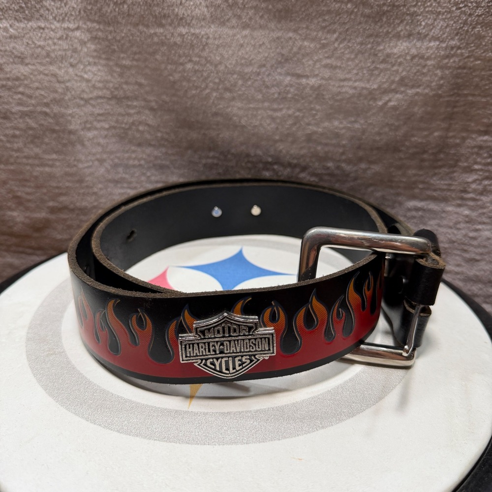 Harley Davidson Belt Mens 34 Black Flame Y2K Graphic Leather Bar & Shield Logo